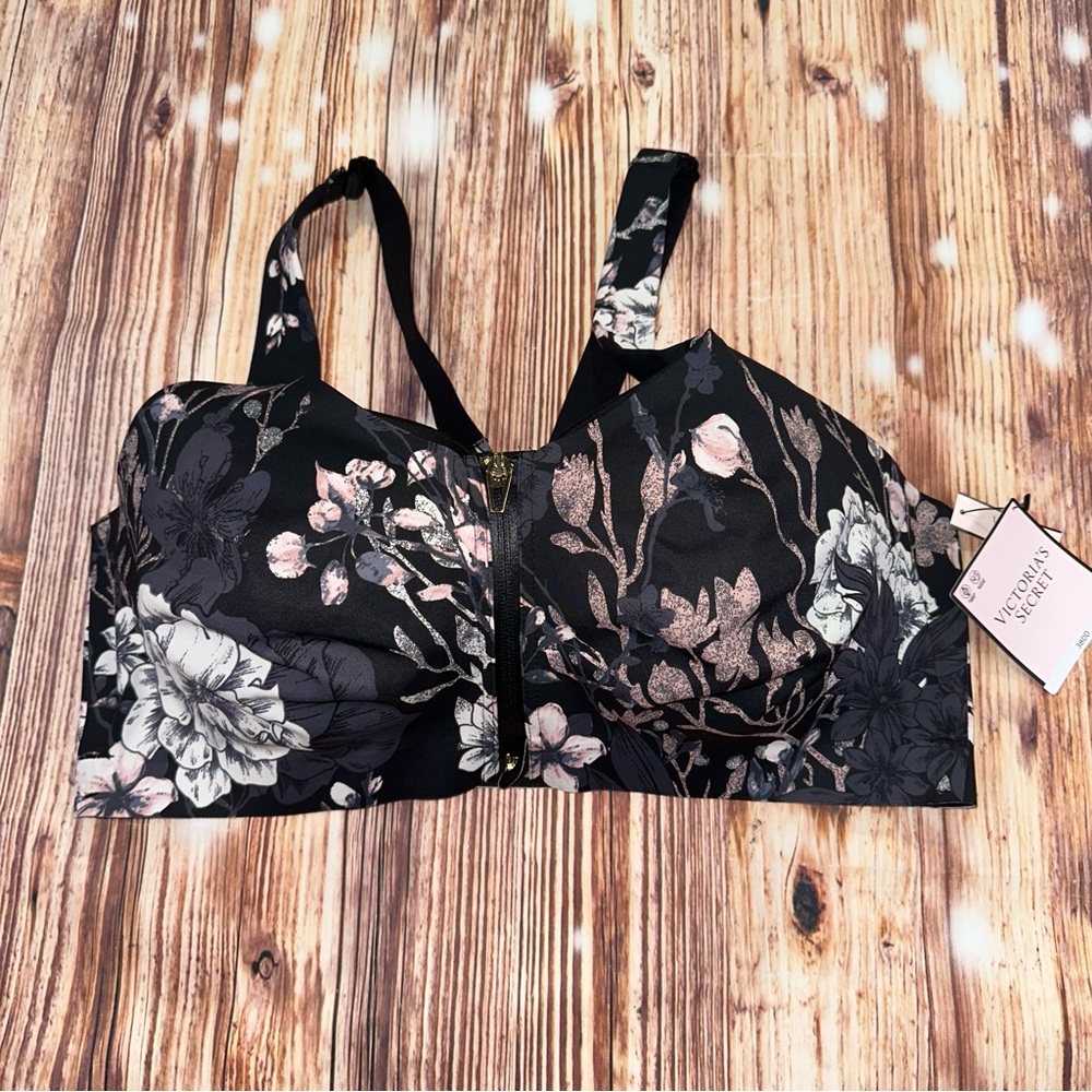 Victoria's Secret Black Floral Front-Zip Sports Bra